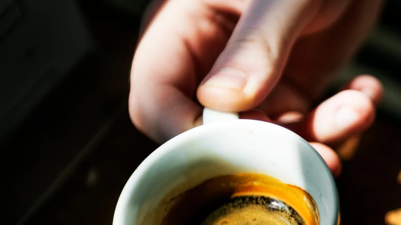 Mão segurando xícara de café especial em cafeteria